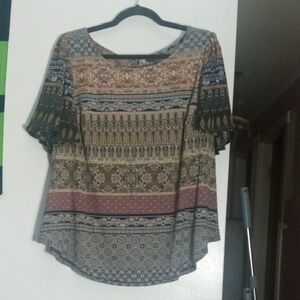 Lucky Brand Bohemian Multicolor Patterned Women's Short Sleeve Top Size 2XL